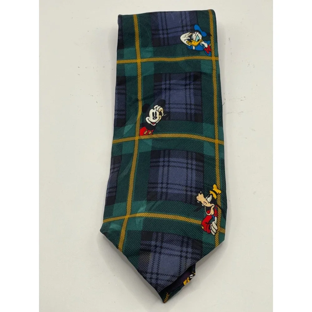 VTG Disney Mickey Inc Men's Necktie Tartan Plaid  Mickey Goofy Donald 100% Silk‎